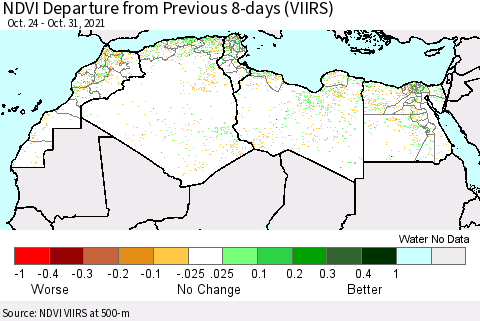 North Africa NDVI Departure from Previous 8-days (VIIRS) Thematic Map For 10/24/2021 - 10/31/2021