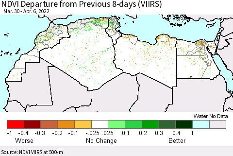 North Africa NDVI Departure from Previous 8-days (VIIRS) Thematic Map For 3/30/2022 - 4/6/2022