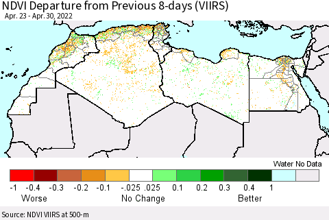 North Africa NDVI Departure from Previous 8-days (VIIRS) Thematic Map For 4/23/2022 - 4/30/2022