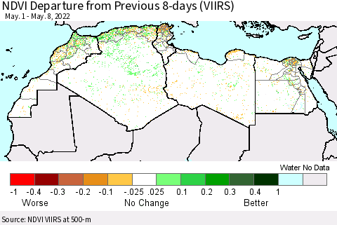North Africa NDVI Departure from Previous 8-days (VIIRS) Thematic Map For 5/1/2022 - 5/8/2022