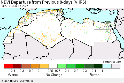 North Africa NDVI Departure from Previous 8-days (VIIRS) Thematic Map For 6/10/2022 - 6/17/2022