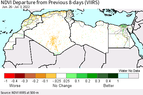 North Africa NDVI Departure from Previous 8-days (VIIRS) Thematic Map For 6/26/2022 - 7/3/2022