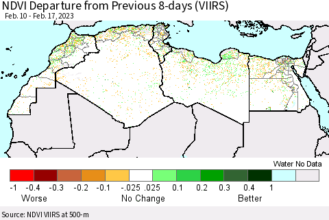 North Africa NDVI Departure from Previous 8-days (VIIRS) Thematic Map For 2/10/2023 - 2/17/2023