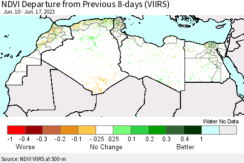 North Africa NDVI Departure from Previous 8-days (VIIRS) Thematic Map For 6/10/2023 - 6/17/2023