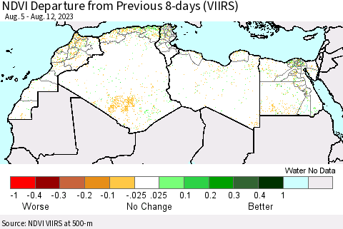 North Africa NDVI Departure from Previous 8-days (VIIRS) Thematic Map For 8/5/2023 - 8/12/2023