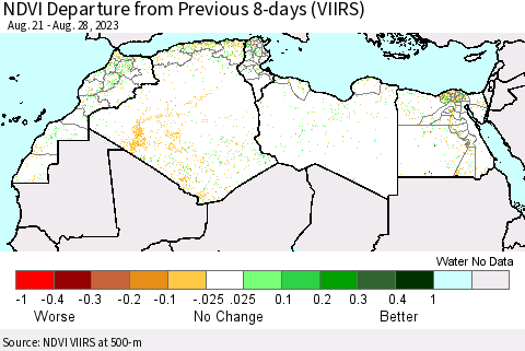 North Africa NDVI Departure from Previous 8-days (VIIRS) Thematic Map For 8/21/2023 - 8/28/2023