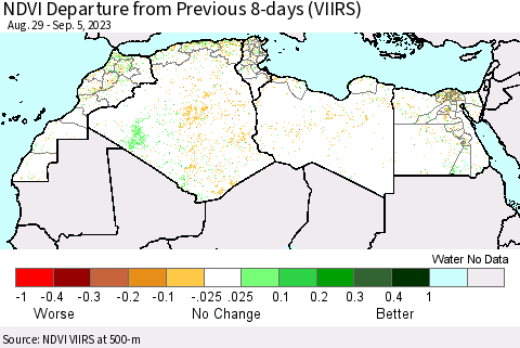 North Africa NDVI Departure from Previous 8-days (VIIRS) Thematic Map For 8/29/2023 - 9/5/2023