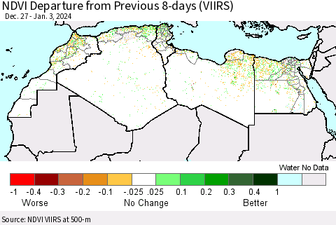 North Africa NDVI Departure from Previous 8-days (VIIRS) Thematic Map For 12/27/2023 - 1/3/2024