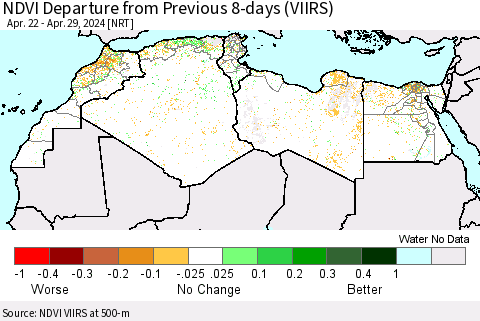 North Africa NDVI Departure from Previous 8-days (VIIRS) Thematic Map For 4/22/2024 - 4/29/2024