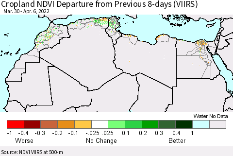 North Africa Cropland NDVI Departure from Previous 8-days (VIIRS) Thematic Map For 3/30/2022 - 4/6/2022