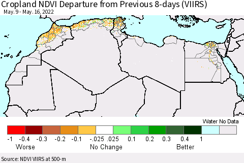 North Africa Cropland NDVI Departure from Previous 8-days (VIIRS) Thematic Map For 5/9/2022 - 5/16/2022