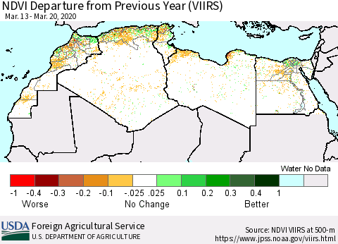 North Africa NDVI Departure from Previous Year (VIIRS) Thematic Map For 3/11/2020 - 3/20/2020