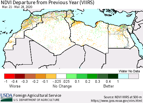 North Africa NDVI Departure from Previous Year (VIIRS) Thematic Map For 3/21/2020 - 3/31/2020