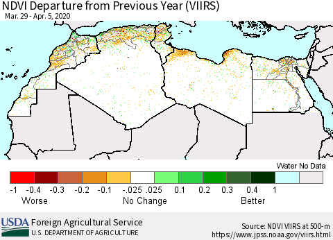 North Africa NDVI Departure from Previous Year (VIIRS) Thematic Map For 4/1/2020 - 4/10/2020