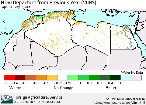 North Africa NDVI Departure from Previous Year (VIIRS) Thematic Map For 5/1/2020 - 5/10/2020