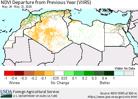 North Africa NDVI Departure from Previous Year (VIIRS) Thematic Map For 5/21/2020 - 5/31/2020