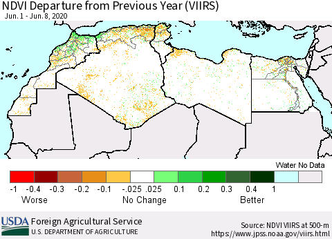 North Africa NDVI Departure from Previous Year (VIIRS) Thematic Map For 6/1/2020 - 6/10/2020