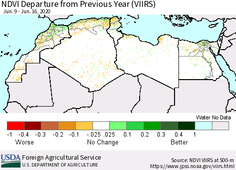 North Africa NDVI Departure from Previous Year (VIIRS) Thematic Map For 6/11/2020 - 6/20/2020