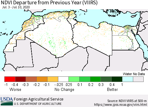 North Africa NDVI Departure from Previous Year (VIIRS) Thematic Map For 7/1/2020 - 7/10/2020