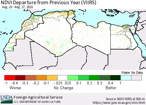 North Africa NDVI Departure from Previous Year (VIIRS) Thematic Map For 8/21/2020 - 8/31/2020