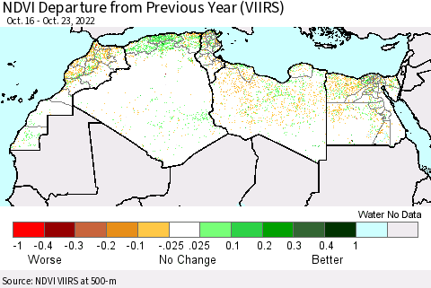 North Africa NDVI Departure from Previous Year (VIIRS) Thematic Map For 10/16/2022 - 10/23/2022