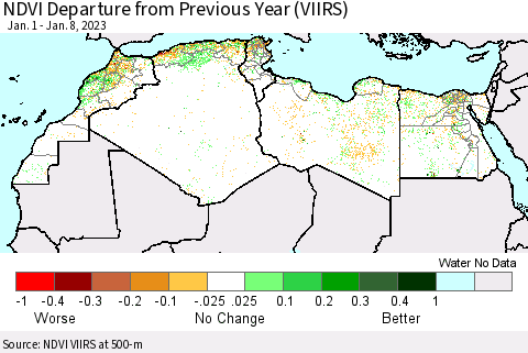 North Africa NDVI Departure from Previous Year (VIIRS) Thematic Map For 1/1/2023 - 1/8/2023