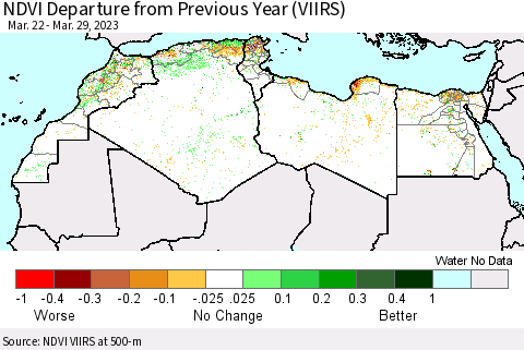 North Africa NDVI Departure from Previous Year (VIIRS) Thematic Map For 3/22/2023 - 3/29/2023