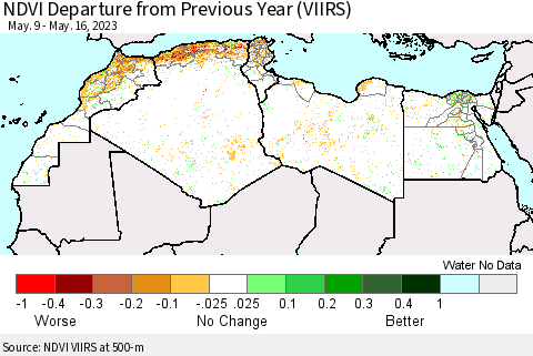 North Africa NDVI Departure from Previous Year (VIIRS) Thematic Map For 5/9/2023 - 5/16/2023