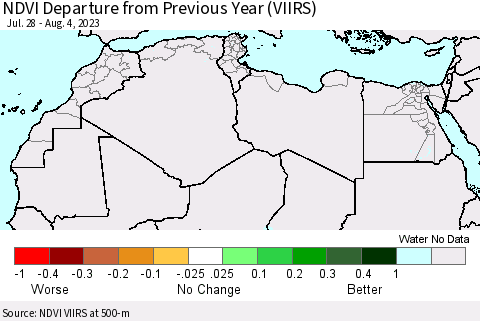North Africa NDVI Departure from Previous Year (VIIRS) Thematic Map For 7/28/2023 - 8/4/2023