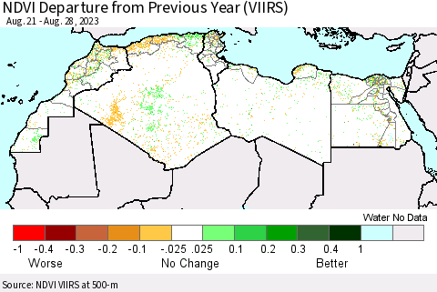 North Africa NDVI Departure from Previous Year (VIIRS) Thematic Map For 8/21/2023 - 8/28/2023