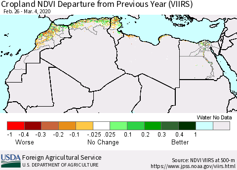 North Africa Cropland NDVI Departure from Previous Year (VIIRS) Thematic Map For 3/1/2020 - 3/10/2020