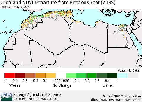 North Africa Cropland NDVI Departure from Previous Year (VIIRS) Thematic Map For 5/1/2020 - 5/10/2020