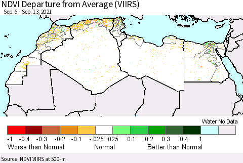 North Africa NDVI Departure from Average (VIIRS) Thematic Map For 9/6/2021 - 9/13/2021