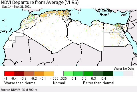 North Africa NDVI Departure from Average (VIIRS) Thematic Map For 9/14/2021 - 9/21/2021