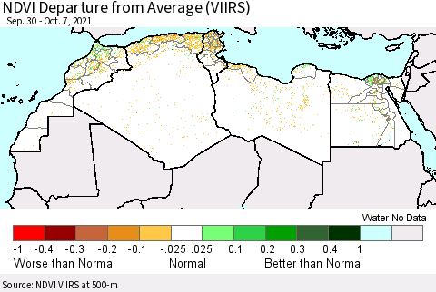 North Africa NDVI Departure from Average (VIIRS) Thematic Map For 9/30/2021 - 10/7/2021