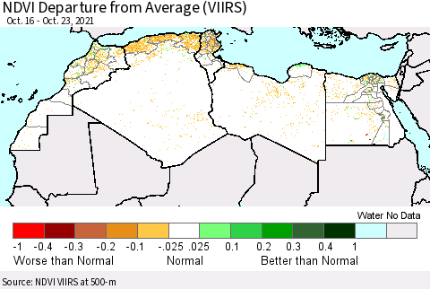 North Africa NDVI Departure from Average (VIIRS) Thematic Map For 10/16/2021 - 10/23/2021