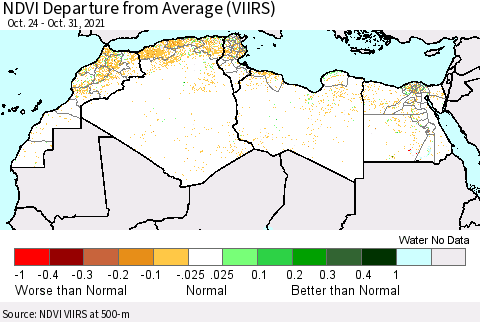 North Africa NDVI Departure from Average (VIIRS) Thematic Map For 10/24/2021 - 10/31/2021