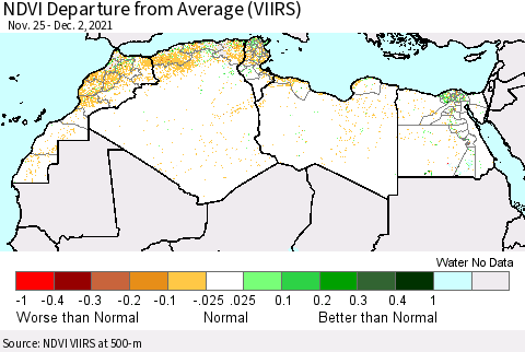 North Africa NDVI Departure from Average (VIIRS) Thematic Map For 11/25/2021 - 12/2/2021