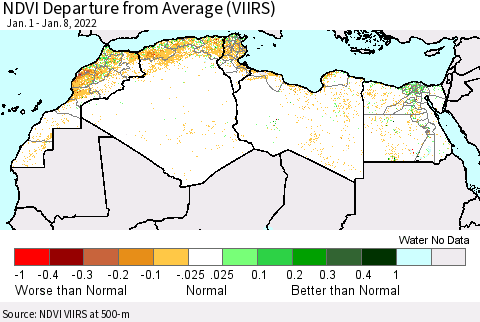 North Africa NDVI Departure from Average (VIIRS) Thematic Map For 1/1/2022 - 1/8/2022