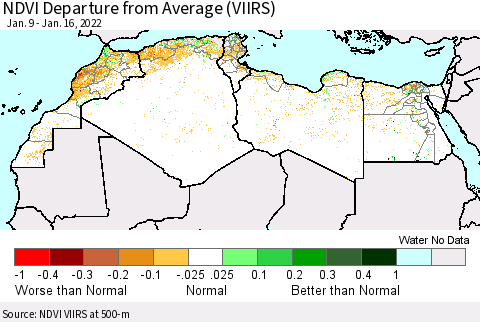 North Africa NDVI Departure from Average (VIIRS) Thematic Map For 1/9/2022 - 1/16/2022