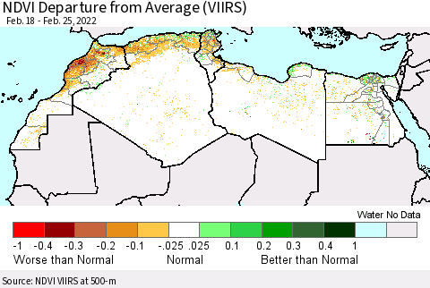 North Africa NDVI Departure from Average (VIIRS) Thematic Map For 2/18/2022 - 2/25/2022