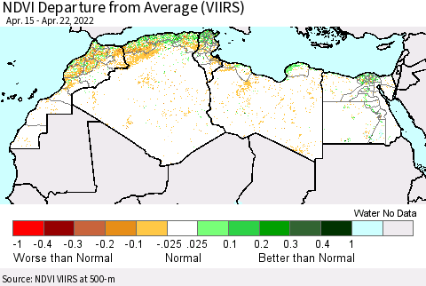 North Africa NDVI Departure from Average (VIIRS) Thematic Map For 4/15/2022 - 4/22/2022