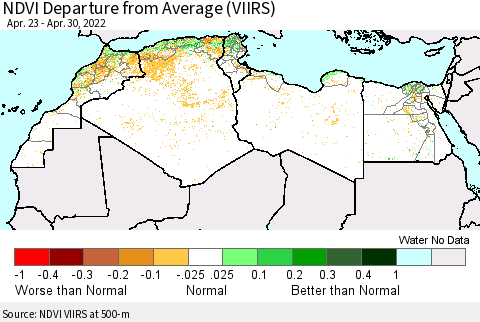 North Africa NDVI Departure from Average (VIIRS) Thematic Map For 4/23/2022 - 4/30/2022