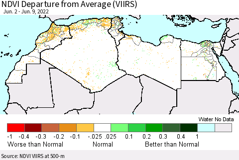 North Africa NDVI Departure from Average (VIIRS) Thematic Map For 6/2/2022 - 6/9/2022