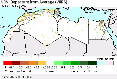 North Africa NDVI Departure from Average (VIIRS) Thematic Map For 6/18/2022 - 6/25/2022