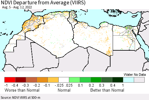 North Africa NDVI Departure from Average (VIIRS) Thematic Map For 8/5/2022 - 8/12/2022