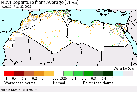 North Africa NDVI Departure from Average (VIIRS) Thematic Map For 8/13/2022 - 8/20/2022