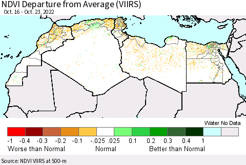 North Africa NDVI Departure from Average (VIIRS) Thematic Map For 10/16/2022 - 10/23/2022