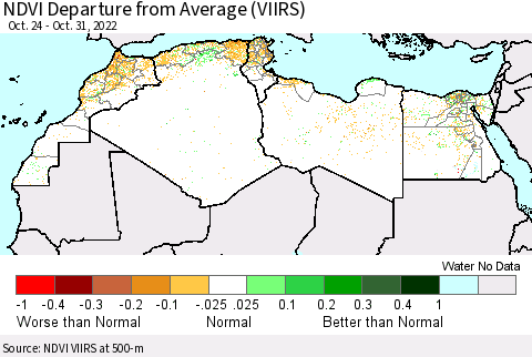 North Africa NDVI Departure from Average (VIIRS) Thematic Map For 10/24/2022 - 10/31/2022