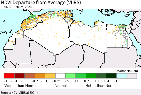 North Africa NDVI Departure from Average (VIIRS) Thematic Map For 1/17/2023 - 1/24/2023